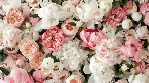 A vibrant arrangement of pink and white flowers, showcasing peonies and orchids, creating a beautiful and elegant floral display.