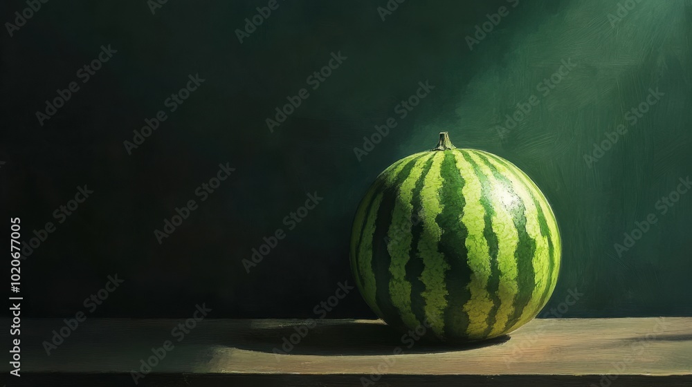 An artistic shot of watermelon skin, showcasing its bright green exterior and striped patterns, lying on a wooden table. An artistic shot of watermelon skin, showcasing its bright green exterior and striped patterns, lying on a wooden table.