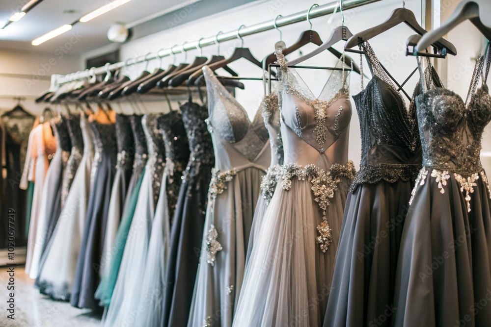 Rent dresses for evening events. Close-up. Elegant women's dresses hang on white hangers on a barbell in the salon store. Rent dresses for evening events. Close-up. Elegant women's dresses hang on white hangers on a barbell in the salon store.