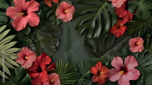 A vibrant arrangement of hibiscus flowers and tropical leaves, creating a lush, colorful backdrop that evokes a summer atmosphere.