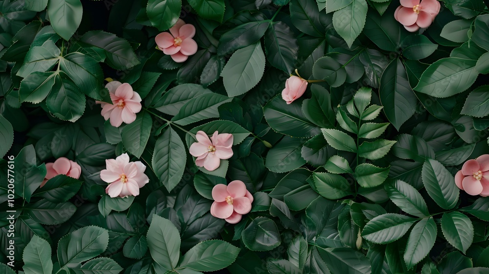 Fototapeta premium A lush arrangement of green leaves and delicate pink flowers creates a vibrant natural scene, perfect for botanical themes and floral designs.