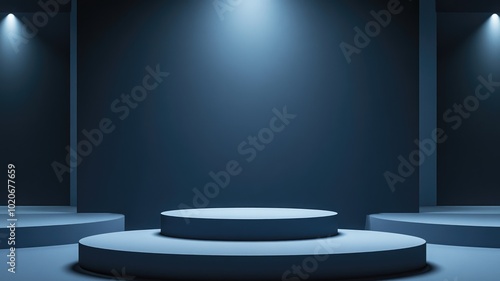 Blue Minimalist Product Display with Spotlight and Circular Platforms