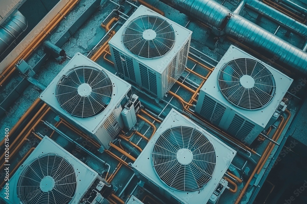 Obraz premium Four Air Conditioner Units on a Rooftop with Pipes