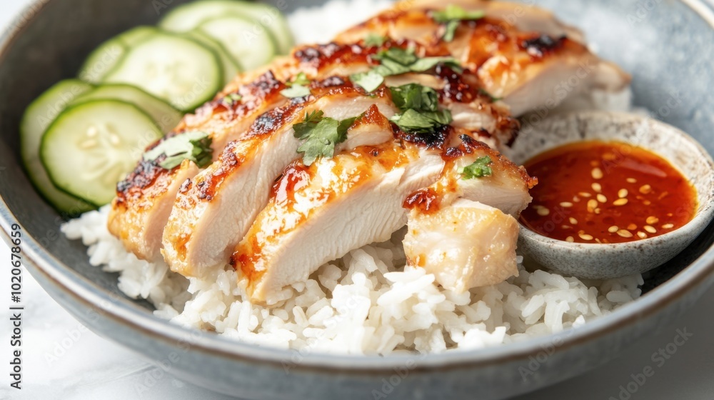 Close-up of steamed rice topped with perfectly cooked chicken, served alongside a spicy dipping sauce and sliced cucumber. Close-up of steamed rice topped with perfectly cooked chicken, served alongside a spicy dipping sauce and sliced cucumber.