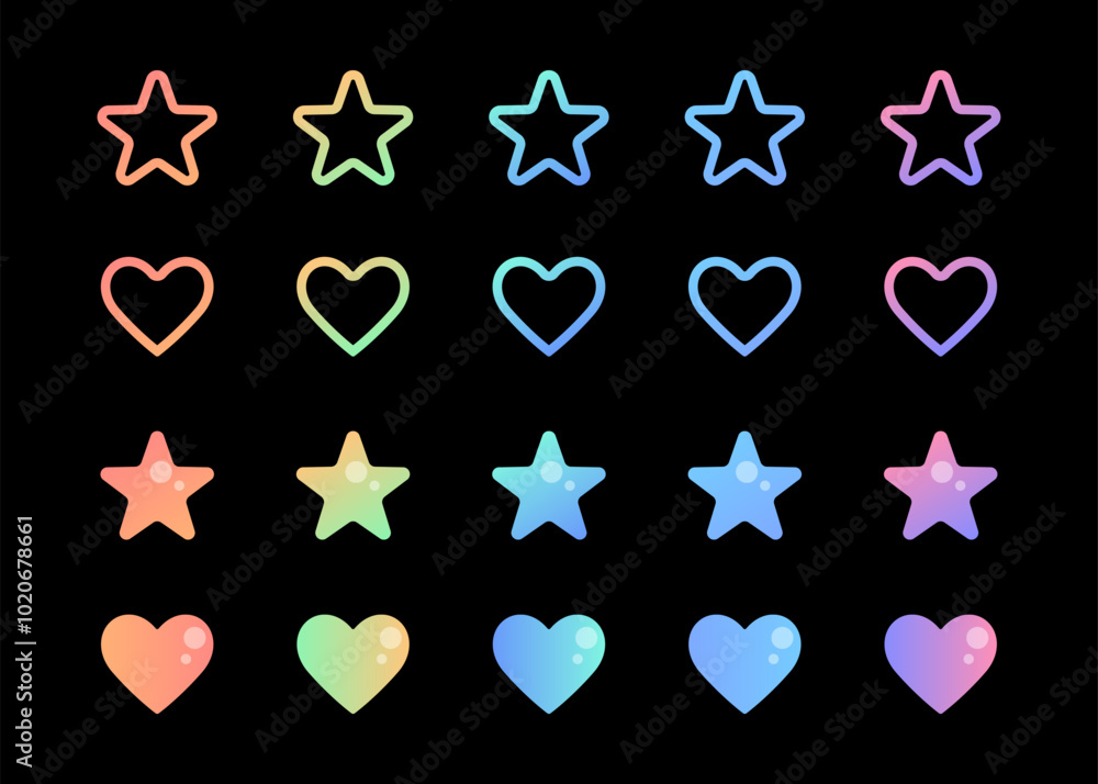 Gradient soft hearts and stars in bold and line variants, buttons, shapes, glossy signs and symbols. Vector design elements.