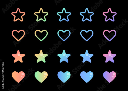 Gradient soft hearts and stars in bold and line variants, buttons, shapes, glossy signs and symbols. Vector design elements.