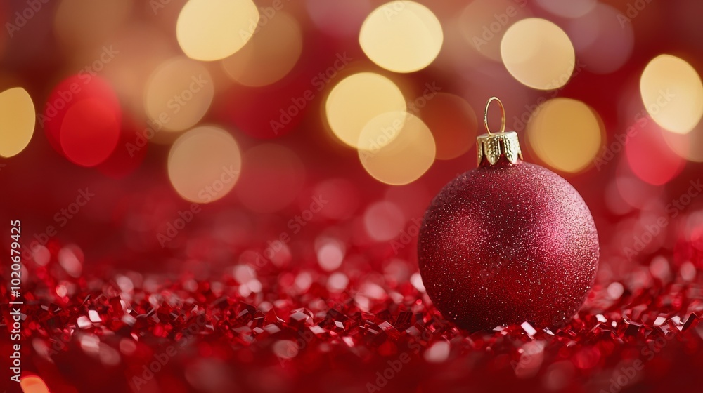 Single red Christmas ornament with festive lights in the background Single red Christmas ornament with festive lights in the background