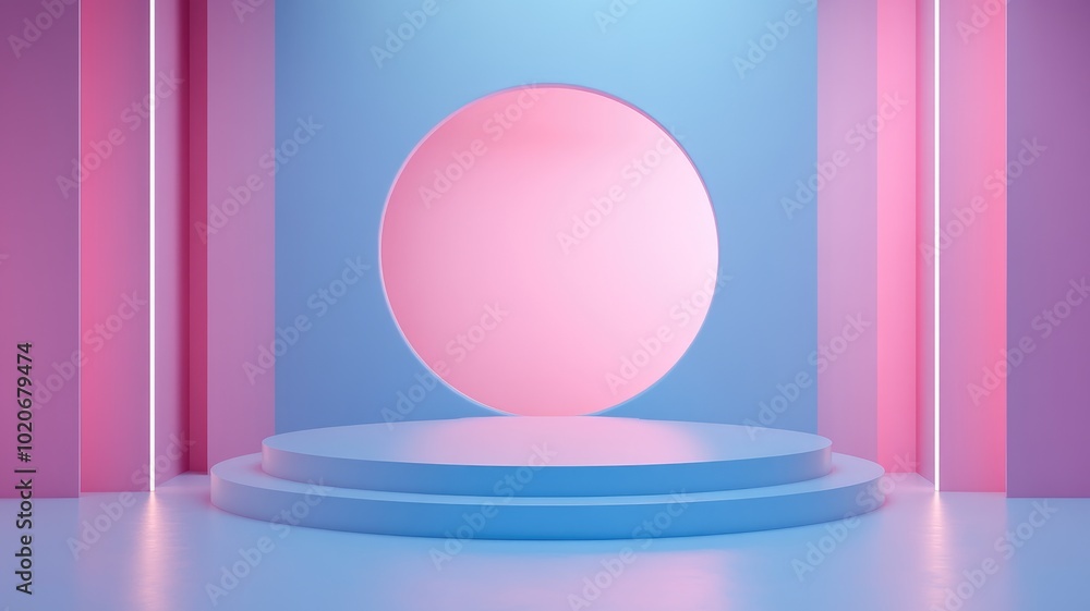 Blue and Pink Geometric Platform with Oval Portal Blue and Pink Geometric Platform with Oval Portal