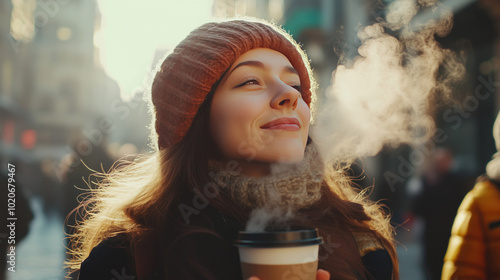 Fototapeta Naklejka Na Ścianę i Meble -  brunette smiling woman wearing knitted cap enjoying aroma of steamy hot drink in takeout cup outdoors autumn city street landscape background orange yellow gold steam brown