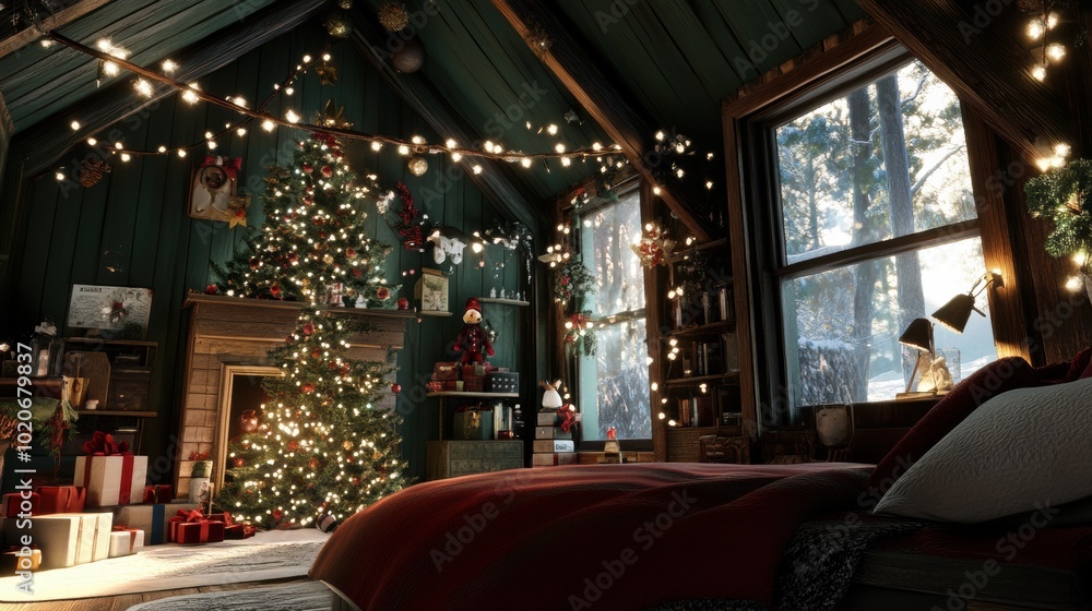 A bedroom with a christmas tree in the corner A bedroom with a christmas tree in the corner