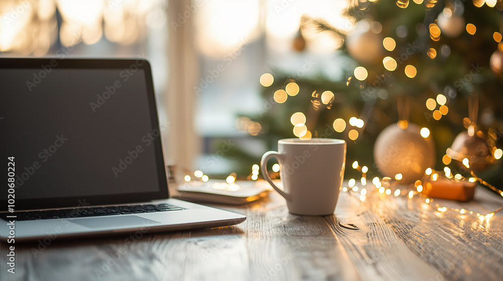 minimalist feminine work desk with a pretty Christmas decoration with light minimalist feminine work desk with a pretty Christmas decoration with light