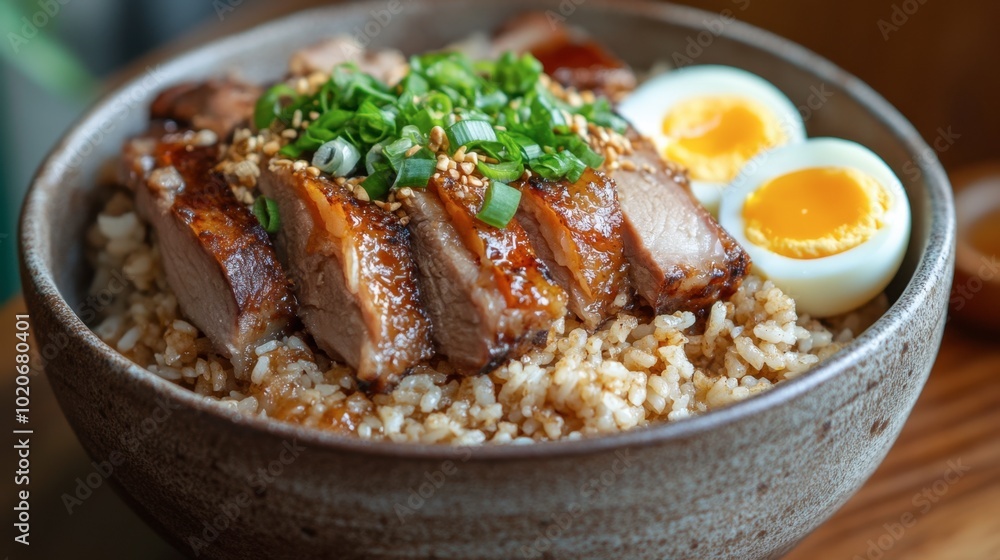Pork leg rice served in a rustic bowl, topped with succulent pork, fragrant jasmine rice, and perfectly boiled eggs. Pork leg rice served in a rustic bowl, topped with succulent pork, fragrant jasmine rice, and perfectly boiled eggs.