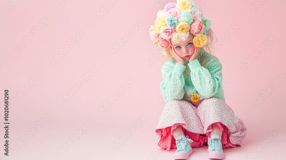 Fototapeta premium A little girl wearing a colorful wig and sitting on a pink surface