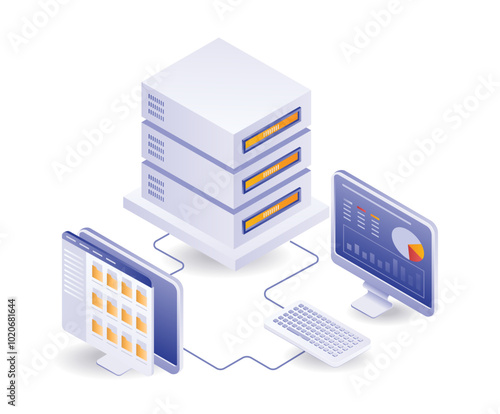 Computer data analysis server technology isometric illustration