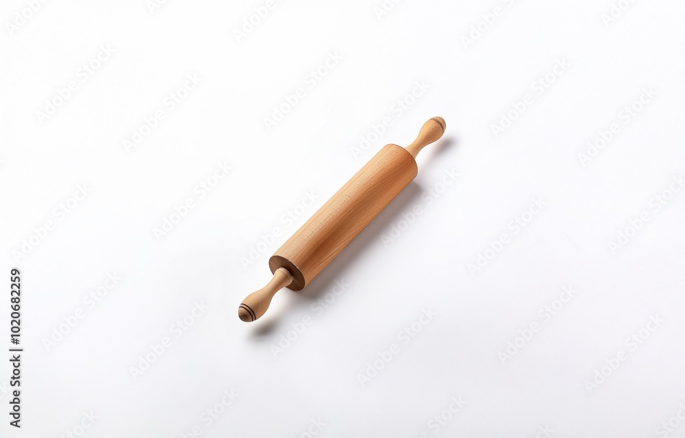 A wooden rolling pin lies diagonally on a white background. A wooden rolling pin lies diagonally on a white background.