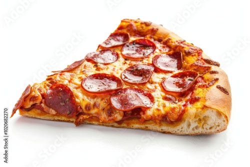 A slice of pepperoni pizza with melted cheese.