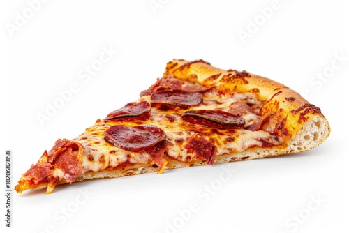 A single slice of pepperoni pizza isolated on a white background.