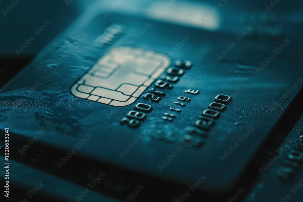 Close-up of a blue credit card with chip and numbers Close-up of a blue credit card with chip and numbers