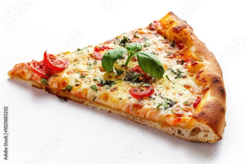 A slice of pizza with mozzarella, tomato, and basil.