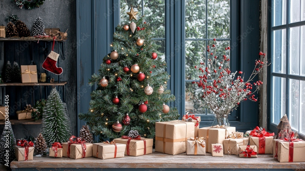 Christmas tree and gifts by the window in a cozy holiday room Christmas tree and gifts by the window in a cozy holiday room