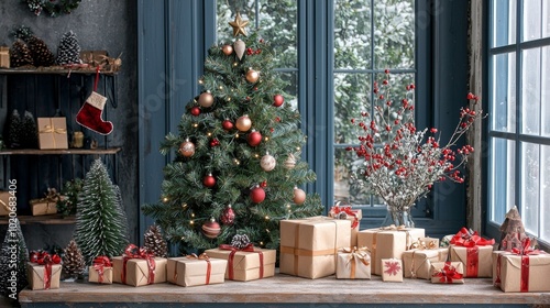 Christmas tree and gifts by the window in a cozy holiday room