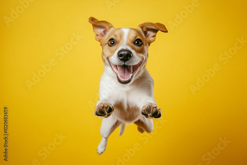 Happy and funny Jumping Dog with Playful Expression on Yellow Background