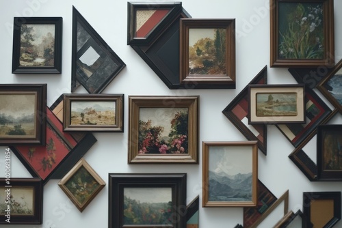 Assortment of framed artwork and paintings on a white wall