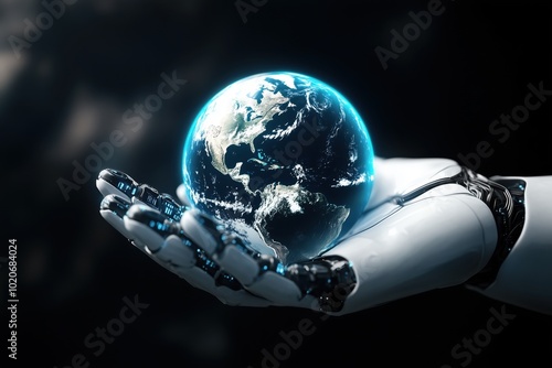 Fototapeta Naklejka Na Ścianę i Meble -  Android holds planet earth in his hand