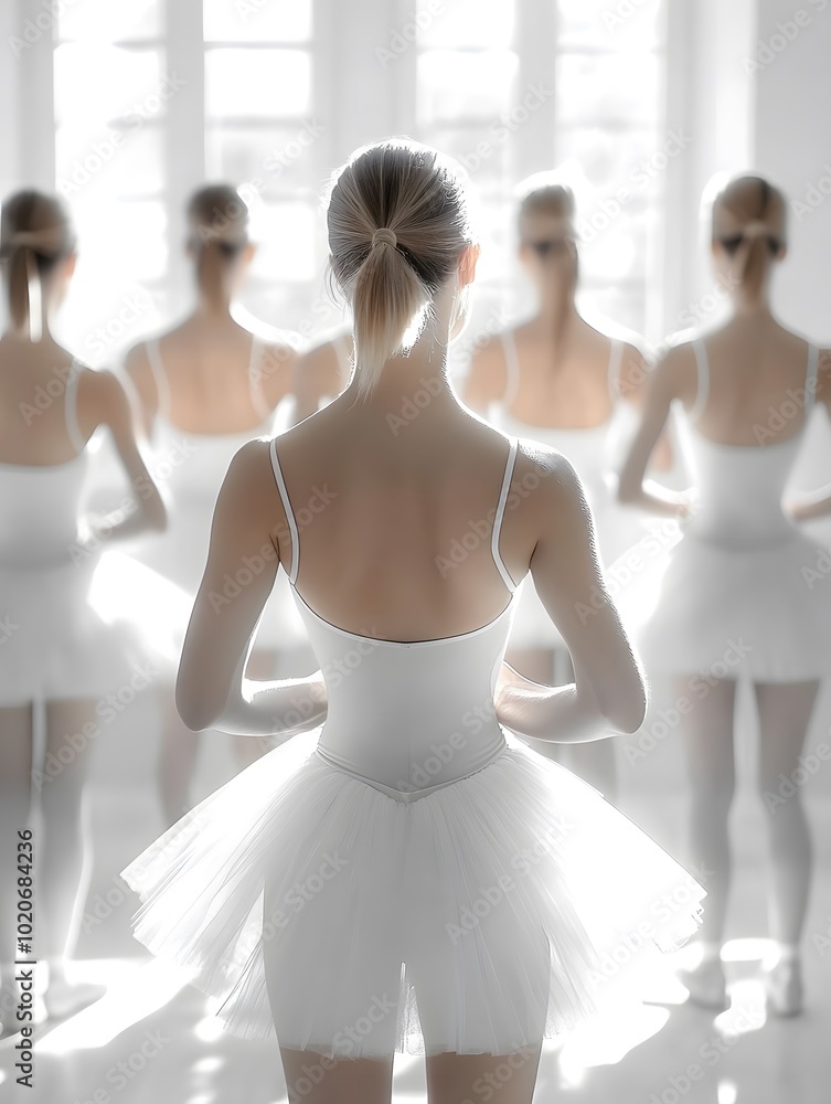 Naklejka premium A graceful ballet dancer in a white tutu, positioned in front of other dancers, creating a serene and artistic scene in a bright studio.