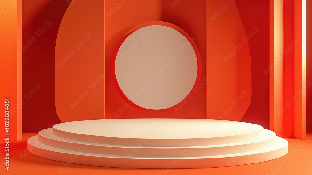 Three-Tiered White Platform in a Minimalist Orange Room Three-Tiered White Platform in a Minimalist Orange Room
