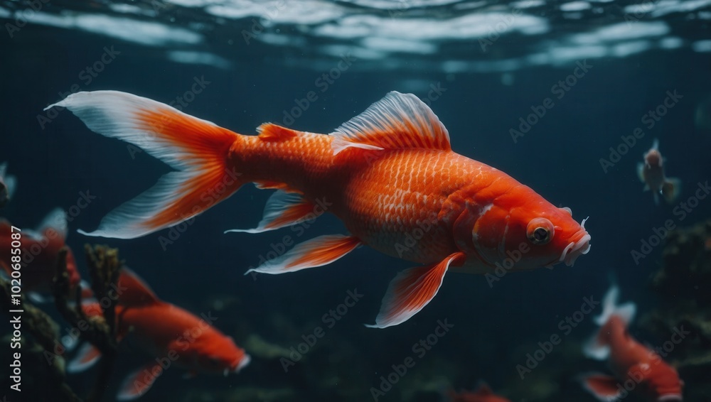 Orange goldfish with white nose and tail, swimming in water with no visible human presence Orange goldfish with white nose and tail, swimming in water with no visible human presence