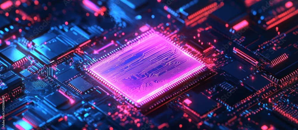 AI background. Abstract AI chip hologram on circuit board tech bg. Artificial Intelligence isometric 3D logo with neon AI background. Abstract AI chip hologram on circuit board tech bg. Artificial Intelligence isometric 3D logo with neon