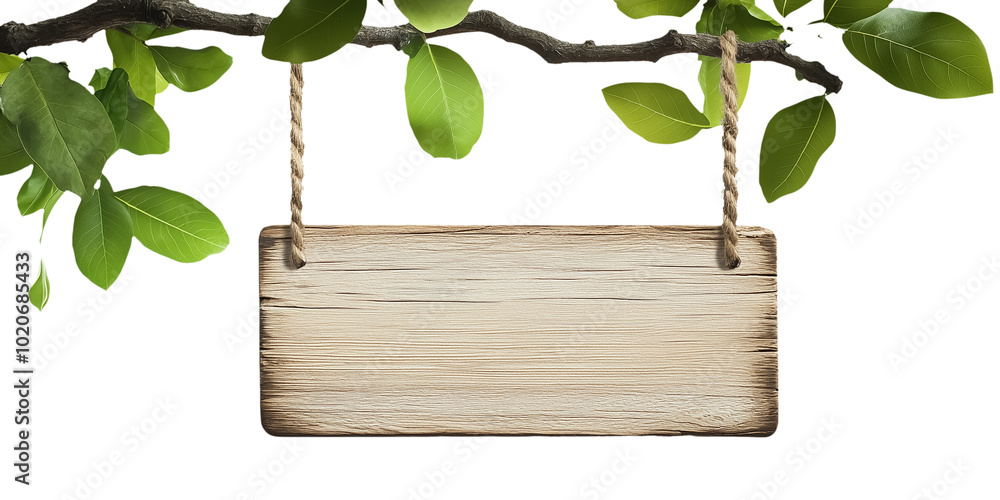 Rough wood plank suspended from a branch with lively green leaves, creating a versatile template for customizable content related to nature or the environment., transparent Rough wood plank suspended from a branch with lively green leaves, creating a versatile template for customizable content related to nature or the environment., transparent