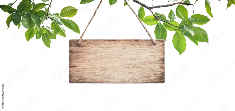 Blank wooden board hanging from a tree branch, flanked by vibrant green leaves, offering a perfect space for personal messages or creative outdoor designs. Blank wooden board hanging from a tree branch, flanked by vibrant green leaves, offering a perfect space for personal messages or creative outdoor designs.