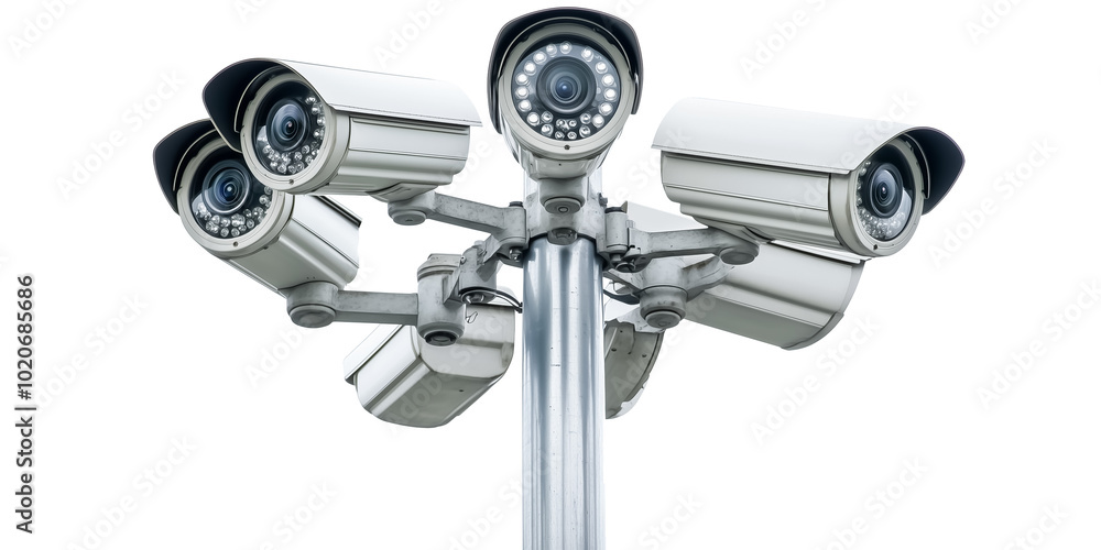 Multiple surveillance cameras mounted on a pole, providing a panoramic view for security monitoring, representing advanced technology in public safety and urban surveillance systems. Multiple surveillance cameras mounted on a pole, providing a panoramic view for security monitoring, representing advanced technology in public safety and urban surveillance systems.