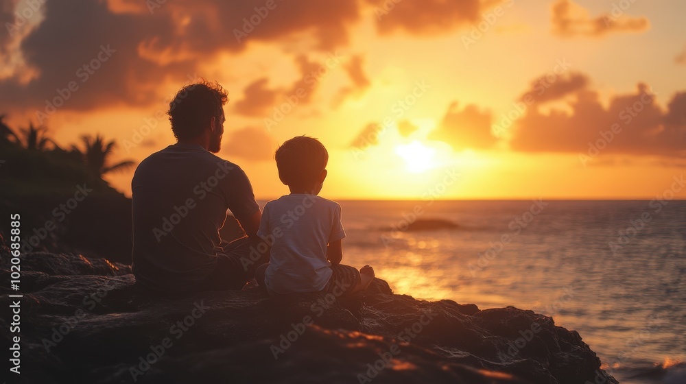 silhouette of father and son watching sunset over ocean silhouette of father and son watching sunset over ocean