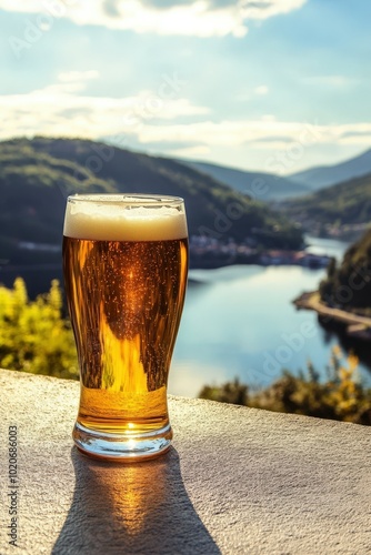 refreshing beer with scenic mountain view