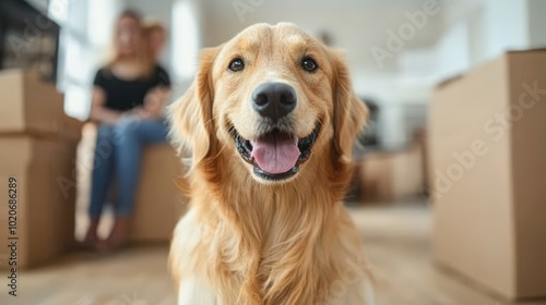 happy golden retriever dog in home