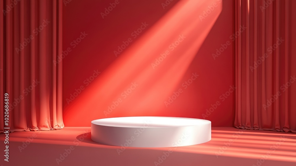 White Circular Pedestal Against Red Curtains with Sunlight Streaks White Circular Pedestal Against Red Curtains with Sunlight Streaks