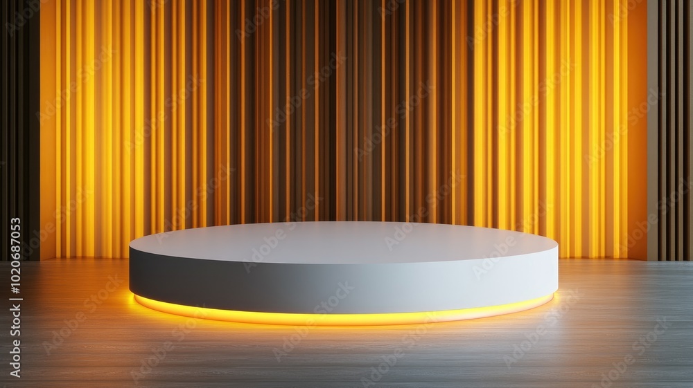 Illuminated White Circular Platform in Front of a Striped Wall Illuminated White Circular Platform in Front of a Striped Wall