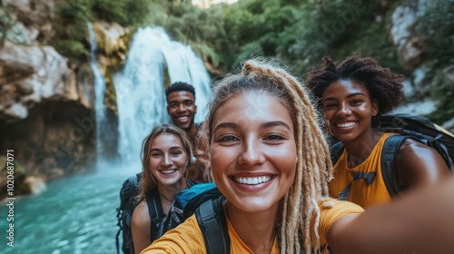 group of friends hiking and exploring a waterfall in nature