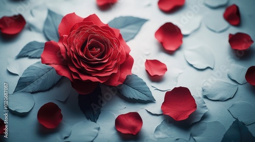 Loose petals of a red rose on a white background Red rose petals scattered on a white backdrop photo