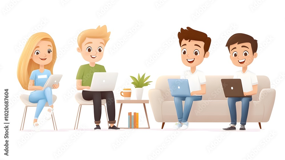 A cheerful group of four young people working together on laptops in a cozy setting, showcasing collaboration and modern technology. A cheerful group of four young people working together on laptops in a cozy setting, showcasing collaboration and modern technology.