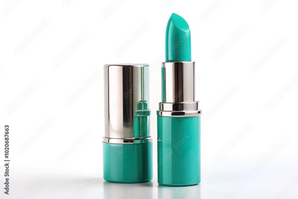 Forced perspective turquoise lipstick flask against clean white background Forced perspective turquoise lipstick flask against clean white background