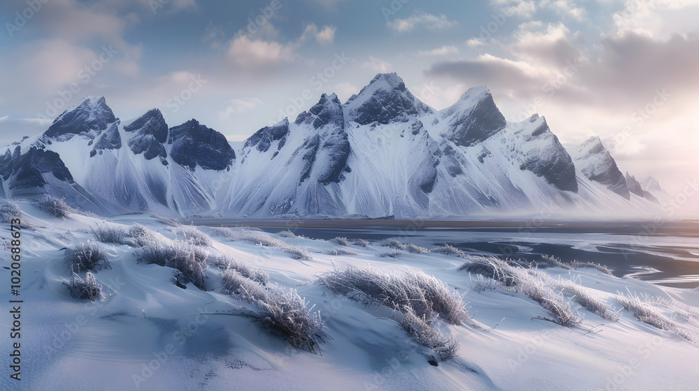 Winter Wonderland: Snowy Mountain with Glacial Ice in the Foreground
Winter Wonderland: Snowy Mountain with Glacial Ice in the Foreground