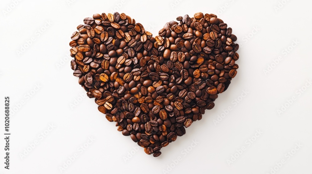 Heart shaped arrangement of coffee beans on a white canvas backdrop Coffee beans arranged in a heart shape on a white background Heart shaped arrangement of coffee beans on a white canvas backdrop Coffee beans arranged in a heart shape on a white background