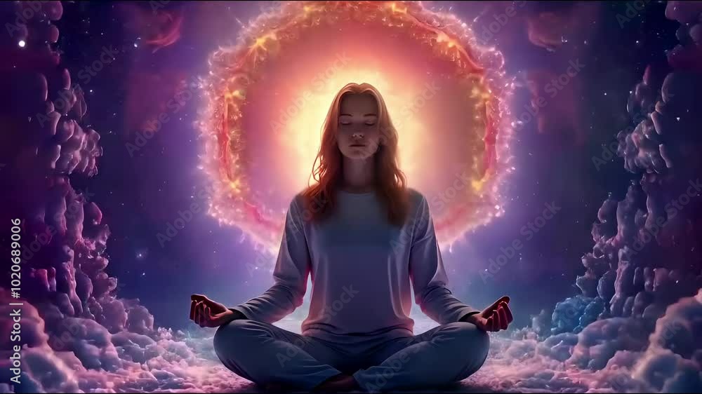 A woman meditating within a cosmic fractal. Generative AI A woman meditating within a cosmic fractal. Generative AI