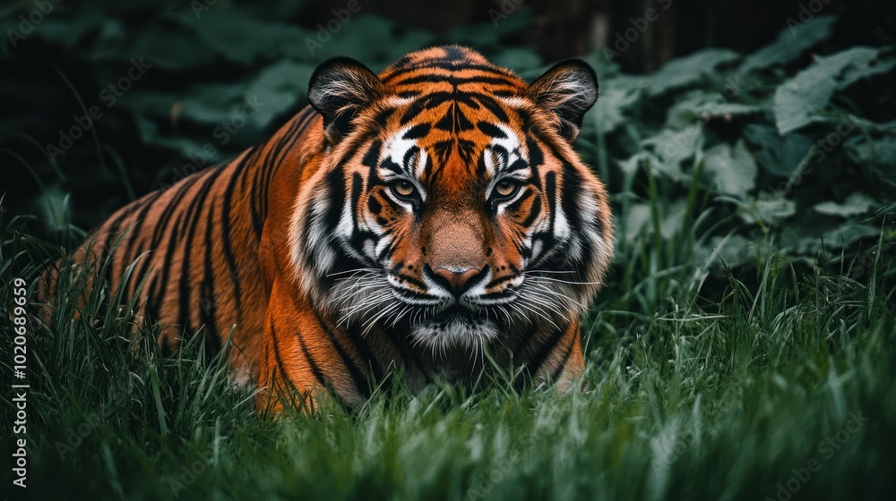 A Close-Up View of a Tiger's Face in a Lush Green Meadow A Close-Up View of a Tiger's Face in a Lush Green Meadow