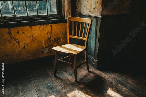 A solitary wooden chair sits in a room with peeling paint and a window.