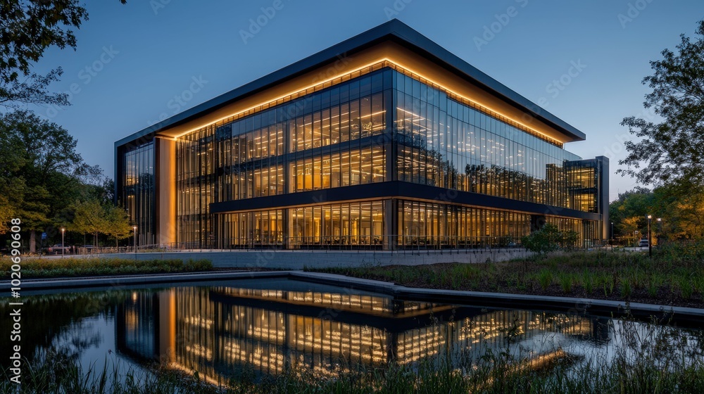 Illuminated modern glass building reflecting in pond at night Illuminated modern glass building reflecting in pond at night